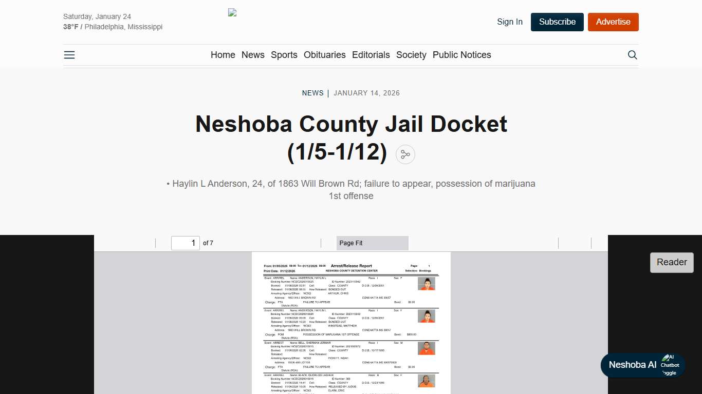 Neshoba County Jail Docket (1/5-1/12)